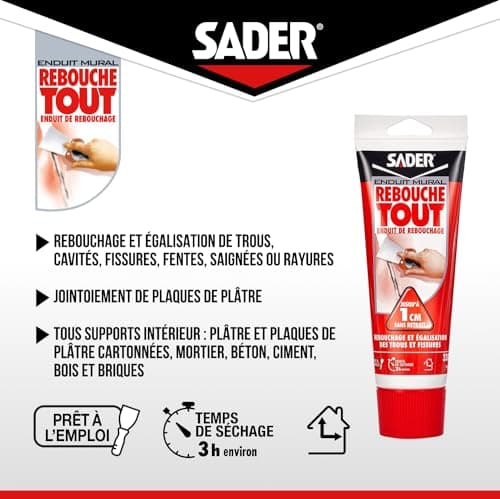 Sader Rebouche Tout – Enduit de Rebouchage Intérieur Prêt à l’Emploi – Tous Supports – Rebouchage et Égalisation de Trous et Fissures Jusqu’à 1 cm – Joint Plaque de Plâtre – 1 Tube 330 g