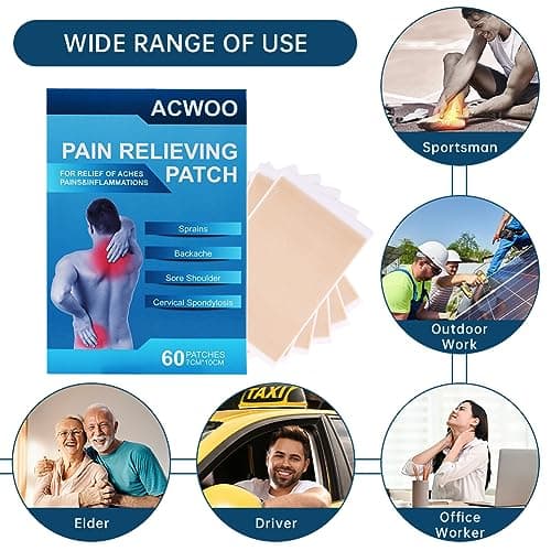 ACWOO Patchs Anti-Douleur, 60Pcs Patchs de Soulagement de la Douleur, Pansement Anti-Douleur, pour Douleurs Aux Épaules, Douleurs Dorsales, Douleurs Aux Genoux, Douleurs Arthritiques