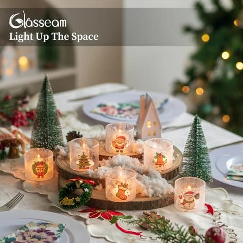 Glasseam Porte-Bougies De NoëL : Bougeoirs en Verre pour Bougies Chauffe-Plat Lot De 6 Bougeoirs DéCoratifs De NoëL Mignon Petit Bougeoir Votif pour Les Centres De Table FêTe DéCoration Maison Cadeau