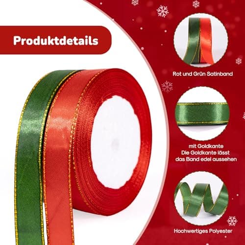 jijAcraft Ruban de Satin Noël 20 mm, Ruban de Noël Rouge et Vert Phnom Penh, 44 m Ruban Cadeau Ruban en Tissu de Noël Ruban décoratif - pour Noël, décoration artisanale et emballage cadeau