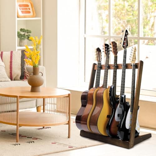 Support de guitare pour plusieurs guitares, support de guitare en bois, avec fente pour médiator, pour 5 guitares acoustiques, 5 guitares électriques ou 5 basses, ou 4 boîtes de guitares - Pour la