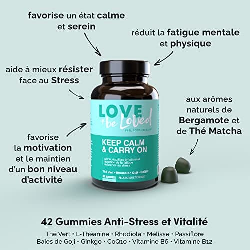 Gummies Anti-Stress et Vitalité “Keep Calm & Carry On” | 42 Gommes Vegan | Complément Alimentaire | Calme et Sérénité | Réduction de la Fatigue Mentale et Physique | Made in France | Love and be Loved