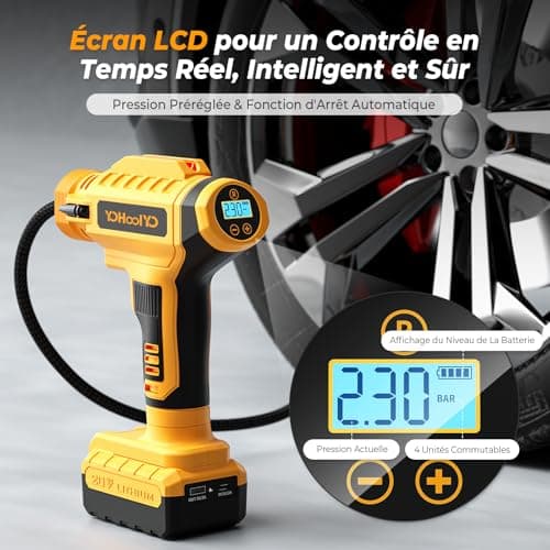 YOHOOLYO Compresseur à Air Portatif Compresseur Voiture 150PSI Gonfleur Pneus Voiture Arrête Automatique avec Ecran LCD Lumière LED Type-C Câble 4 Buses pour Voiture Moto Vélo Balle