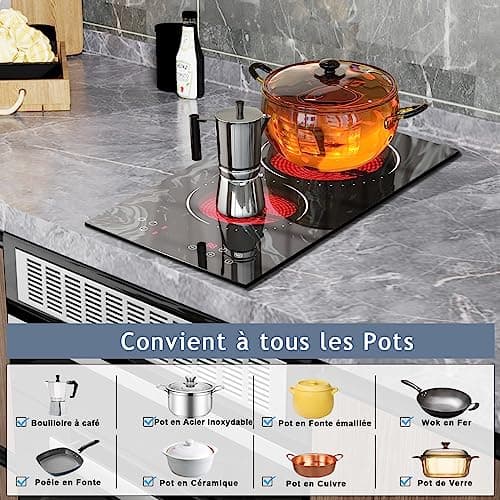 Hobsir Plaque Vitrocéramique 2 Feux, Plaque de Cuisson électrique Encastrable 29cm, Verre Céramique Texturé Marbré, 3200Watts, Commande Tactile, Zone à Double Anneau, Pas de Prise