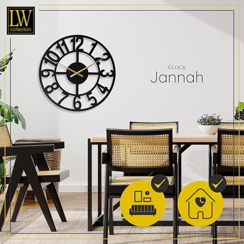 LW Collection Horloge Murale Jannah Noir avec Aiguilles dorées 80 cm - Grande Horloge Murale Industrielle en Métal - Horloge Murale Moderne - Mouvement Silencieux - Horloge Silencieuse