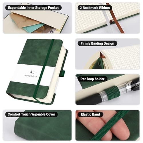 Yarotm Carnet A5 Carreaux - 1 Pièce Cahier Journal Quadrillé 100g/m2 Papier 14x21cm - 360 Pages Cahier de Note Carreaux 5mm - Carnet de Notes A5 Cuir PU Voyage Dessin, Vert