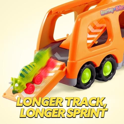 JOYIN Mini Camion de Transport de Dinosaures avec 6 véhicules Jouets en Caoutchouc Souple, avec Musique et Son Puissant, lumières Clignotantes, Cadeaux pour garçons et Filles à partir de 2 Ans(orange)