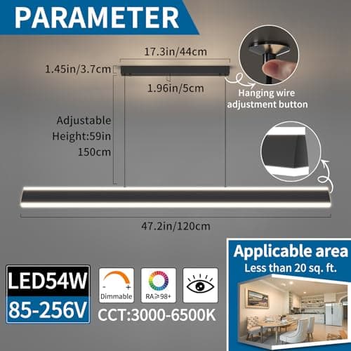 Mikeru 120cm Luminaire de l'Îlot de Cuisine, Luminaire Suspendu LED Moderne Noir Dimmable de 10% à 100% Température de Couleur 3000K/4500K/6000K Lustre Réglable en Hauteur pour Salle à Manger