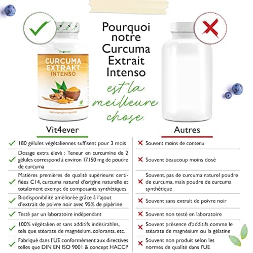 Curcuma - 180 gélules - Premium : avec 98% d'extrait - la teneur en curcumine par portion journalière correspond à 17.150 mg de curcuma - Vegan