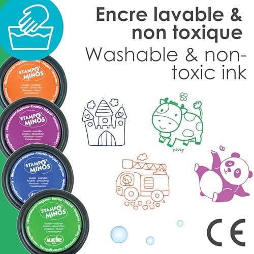 Aladine - 4 Encreurs Stampo Colors Carnaval - Encre pour Tampons Enfants - Taille XXL & Encre Lavable - Encreurs Géants Grand Format - Activité Manuelle, Loisirs Créatifs - Dès 3 ans