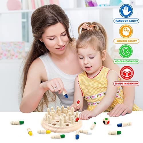 Échecs de Mémoire Jouets Montessori Enfant, Jeu d'échecs de Mémoire en Bois, Couleur Jeux de Mémoire Éducatifs Jeu de Societe Cadeaux pour Garcon Fille et Personnes âgées