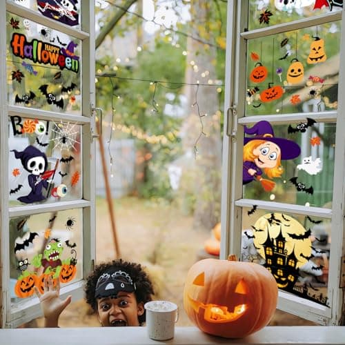 Zindoo Halloween Decoration Stickers Fenetre d'halloween 9 feuilles 101 Pièces Autocollants de Fenêtre d'halloween pour enfants, Mignon Enfantin Impression Recto-Verso pour Vitres Portes Miroirs