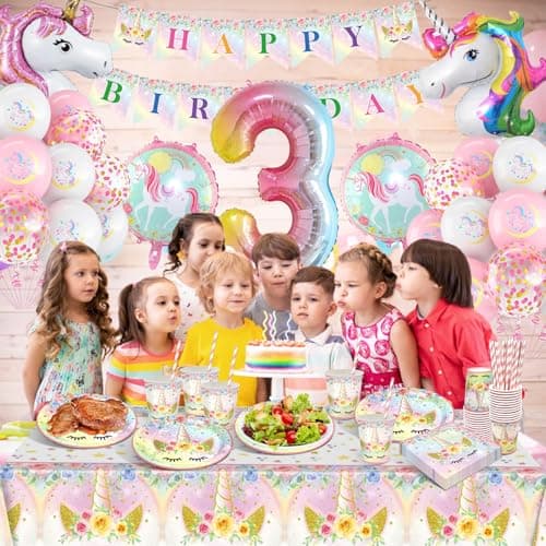 YEJIKJ 3 Ans Anniversaire Licorne Decoration Fille, Vaisselle Kit Assiettes Gobelets Licorne Ballon, Decoration Anniversaire Licorne 3 Ans Kit pour Party Fête Anniversaire Fête Décorations (16 Invités
