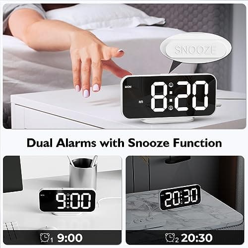 HOMVILLA Réveil Numérique LED avec Double Alarme Réveil Matin avec Fonction Snooze Horloge de Chevet à Miroir Déco Chambre Horloge Digitale Alimenté par USB
