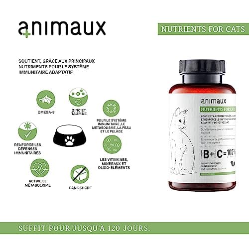 Vitamines pour chats - 120 comprimés à mâcher - Métabolisme, système immunitaire, peau & pelage - Complément alimentaire avec complexe de vitamines B, oméga 3, zinc & plus - animaux Nutrients for Cats