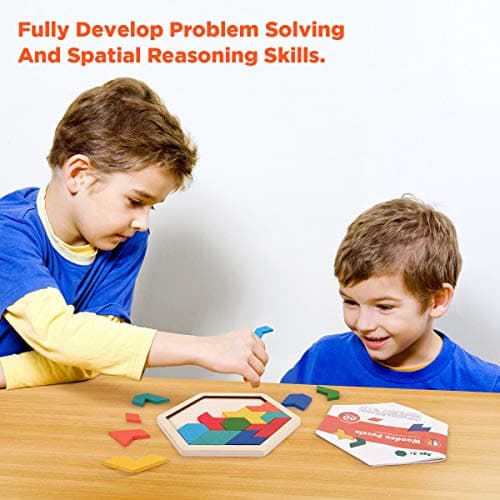 Coogam Puzzle en Bois pour Enfants - Forme hexagonale Motif Tetris Bloc Tangram Logic IQ Jeu STEM Montessori Casse-tête Jouet Cadeau pour Adolescents