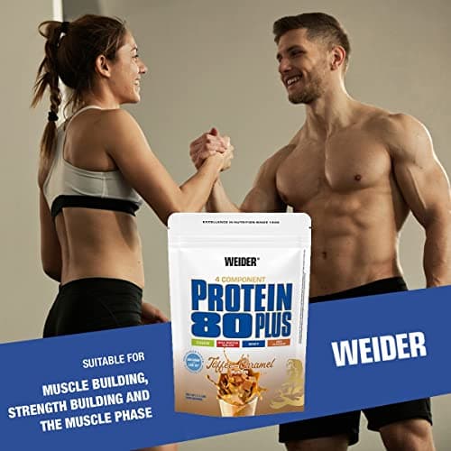 Weider Protein 80 Plus protéine en poudre, Toffee-Caramel, faible teneur en glucides, mélange de lactosérum de caséine multi-composants pour shakes protéinés, 500 g