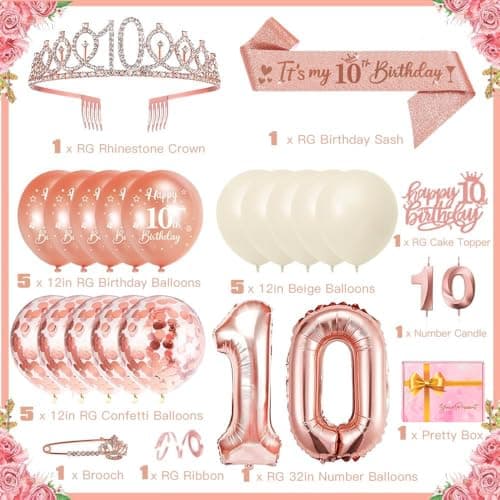 10 Ans Fille, Écharpe Couronne Anniversaire, Ballon Chiffre 10 Or Rose, Bougies, Gâteau Topper Happy Birthday, Cadeau 10e
