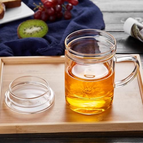 MEISINNI Tasse à Thé en Verre avec Infuseur et Couvercle, 480 ml Tasse à Thé avec Infuseur, Mug Transparent, Tasse en Verre, Cup pour Thé en Fleurs et en Vrac, Compatible avec Cuisinière à Gaz