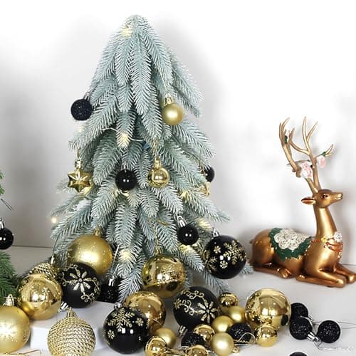 44 Boules de Noël Noir Or Set,Ø 6/4.3/3cm Boules de Noël en Plastique avec Crochet pour décoration d'arbre de Noël,Boules de Noël Décoration d'arbre Extérieur et Intérieur Décoration d'arbre Noël