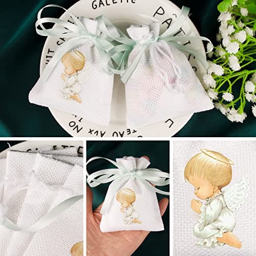BETESSIN 24pcs Sachet Cadeau Dragée Jute Pochette Communion Baptême 8x10cm Toile Chanvre Confirmation Sac Poche Bijoux Bonbon Chocolat Perle Faveur Décoration Fête Communion