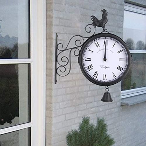 Horloge de jardin - Horloge de gare - Montre Résistante aux intempéries - Design double face - Étanche - 20 cm - Rétro - Avec support mural - Pour jardin, couloir, véranda, gare - Noir