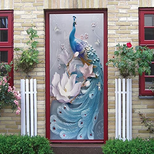 A.Monamour Sticker Porte Autocollant Poster De Porte 3D Décoration Intérieure De Paon Bleu Et Fleurs Papillon Vinyle Affiche De Porte Sticker Mural Papier Peint Art Décor 90 x 200 cm