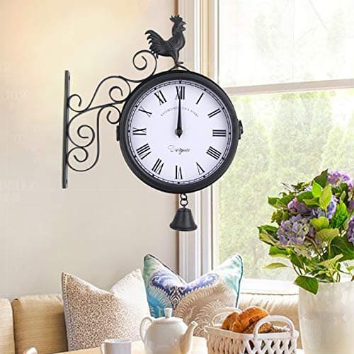 Horloge de jardin - Horloge de gare - Montre Résistante aux intempéries - Design double face - Étanche - 20 cm - Rétro - Avec support mural - Pour jardin, couloir, véranda, gare - Noir