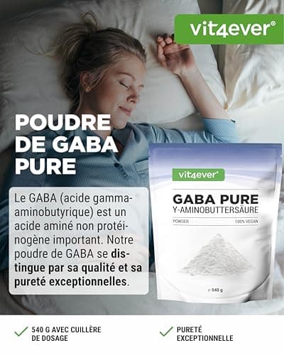 Gaba Pure - 540 g de poudre pure sans additifs - 100% acide gamma-aminobutyrique - 180 portions - Vegan - Avec dosage