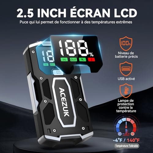 ACEZUK Booster Batterie Voiture 3000A, Démarreur de Voiture Portable (Jusqu'à 5.5L Diesel ou 7.0L Gaz), 12V Jump Starter avec 2.5 inch Écran LCD, Pinces de Sûreté Intelligentes, Lumière LED