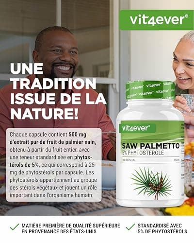 Extrait de palmier nain - 180 capsules avec 500 mg d'extrait réel - Premium : 5% de phytostérols = 25 mg - Extrait de palmier nain à haute dose - Vegan
