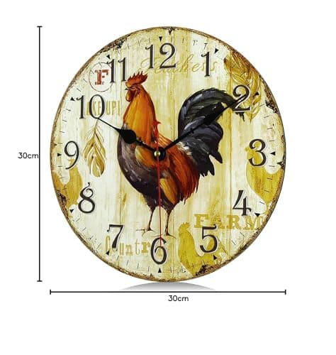 Lafocuse 30cm Horloge Murale Coq Vintage Bois, Silencieuse Pendule Murale Retro, Shabby Chic Rond Déco sans Tic-tac pour Salon Chambre Cuisine Bureau