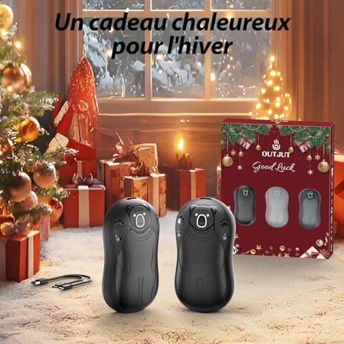 OUTJUT Chauffe Main Electrique 2 en 1 Noir, Chaufferette Main Reutilisable, 3 Niveaux de Chauffe, 12000mAh Rechargeable par USB, Cadeaux Hiver Unisexes, pour Camping et Sports en Extérieur