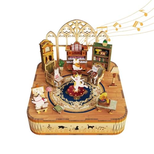 Tonecheer Kit de boîte à Musique à Faire soi-même pour Adultes, Puzzles 3D en Bois, boîte à Mouvement Musical pour Adolescents, Bureau, Cadeaux décoratifs pour Anniversaire (Famille de Chats)