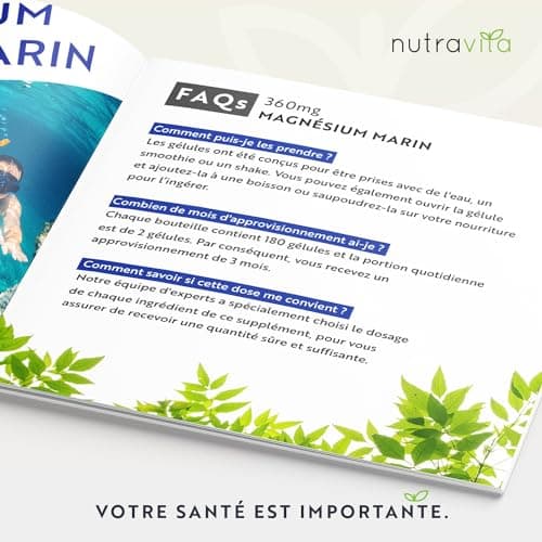 Magnesium Marin 360mg et Vitamine B6-180 Capsules Vegan - Magnesium B6 Combat la Fatigue et le Stress - Magnésium Aquamin® Hautement Biodisponible et Cliniquement Soutenu - Nutravita