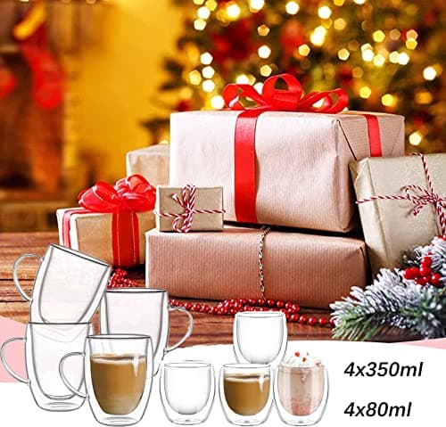 Lot de 8 Double Paroi en Verre à Café, 4 x 350ml Tasses à Café Double Paroi, et 4 x 80ml Mug Verre Isolés Tasses à expresso, Idée Cadeau Tasses à Latte Verre a Biere, pour Cafetière, Bière, Jus