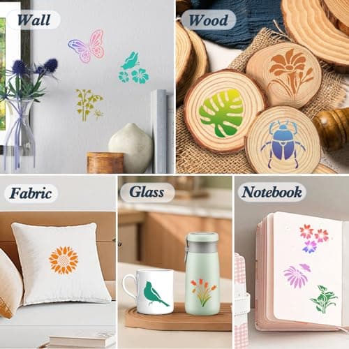 JSRQT 64 Pièces Petits Pochoirs pour Peinture, Modèles de Pochoirs à Thème Nature Fleur Papillon Oiseau, Pochoirs Dessin Peinture Réutilisables en Plastique pour DIY Scrapbook Bois Wall Decor, 3’’