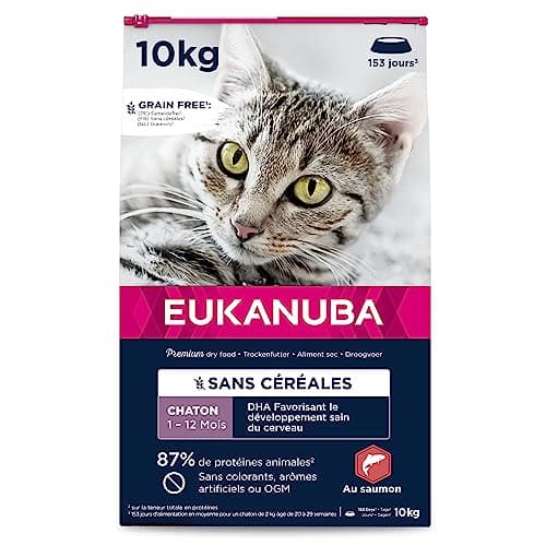 EUKANUBA Grain Free Croquettes pour Chaton - Riche en saumon - Apport en DHA, Sans OGM, colorants, arômes artificiels - 10 kg