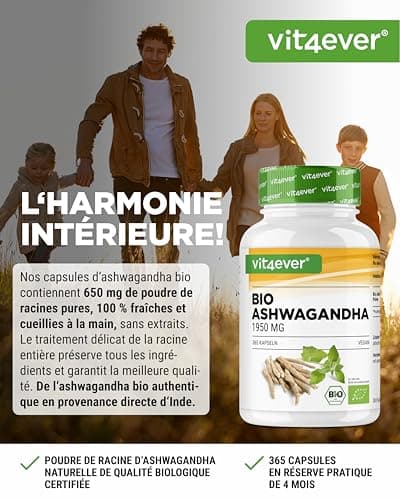 Original Organic Ashwagandha - 365 Capsules - Fortement dosé avec 1950mg par portion quotidienne - Véritable baie du sommeil indienne - Vegan