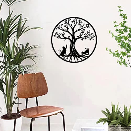 Pduoduo Arbre de vie en métal -Décoration Murale en Métal avec des Chats,Noir Tenture Décor Silhouette Mur Art pour Cadeau Intérieur Cadeau Extérieur Jardin Maison Décoration,30cm