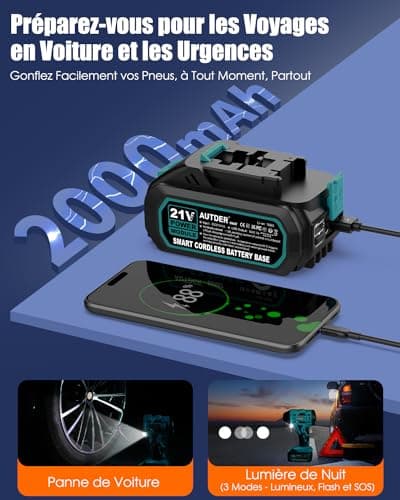 AUTDER Compresseur d'air Portable, Gonfleur de pneus sans Fil 180 PSI avec Deux Sources d'alimentation, Batterie 21V / 12V DC, Manomètre numérique, Arrêt Automatique (Bleu)