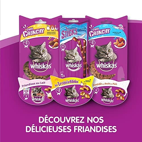 WHISKAS LES IRRESISTIBLES Friandises pour Chat Poulet & Fromage - 10 Boîtes de 105g Refermables pour une Meilleure Conservation, Sans Arômes Artificiels, Idéal pour Partager un Moment de Complicité