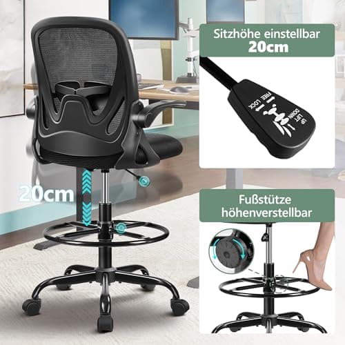 Primy Chaise de bureau ergonomique, réglable en hauteur, avec accoudoirs rabattables et support lombaire réglable avec anneau de repose-pieds, chaise familiale pivotante (noir)