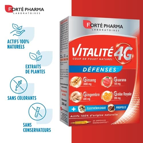 Forté Pharma - Vitalité 4G Défenses | Complément Alimentaire Energie et Défenses - Ginseng, Gingembre, Guarana et Gelée Royale | 20 ampoules