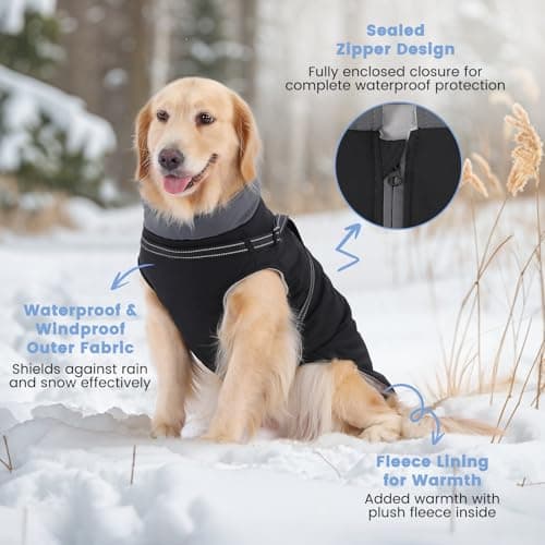 PETTOM Manteaux Chiens Imperméable avec Harnais, Manteau d'hiver Robuste et Chaud pour Chien, Vêtement Chien avec Réfléchissante pour Petits, Moyens et Grands Chiens (Noir, L)