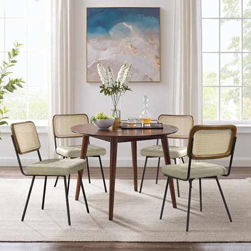 Zouron Chaises de Salle à Manger en rotin Lot de 2,Chaise de Salle à Manger Moderne du Milieu du siècle avec Pieds en métal,Chaise de Cuisine avec Dossier en rotin,Chaise en Cuir rembourré,Beige
