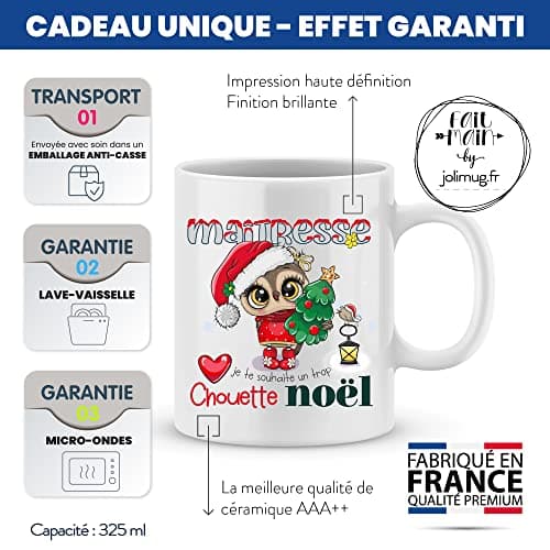 ÉNJA Création Cadeau NOËL - Mug Maîtresse. MAÎTRESSE/Tasse – Joyeux Noël - Cadeau fêtes de fin d'année personnalisé. Cadeau original. Céramique haute qualité 11oz - 320 ML (MAÎTRESSE)