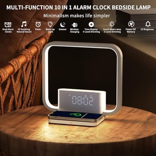 RETEYUNG Lampe de Chevet avec Chargeur Sans Fil 10w, 2 Réveils, Lumière De réVeil, 10 Sons Apaisants, Variateur Tactile, Réveil Lever de Soleil, Lampes de Chevet 3 Niveaux de Luminosité
