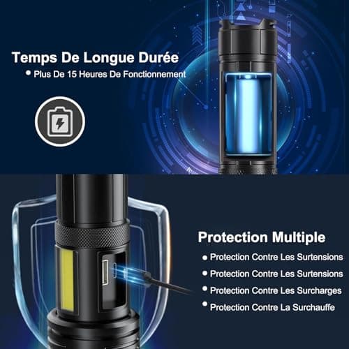 Lampe Torche LED Ultra Puissante, 100 000 Lumens Lampe Torche LED Rechargeable, 7 Modes Super Lumineuse, Longue Durée, IPX7 Étanche Idéal Pour Camping, Randonnée Et Urgences