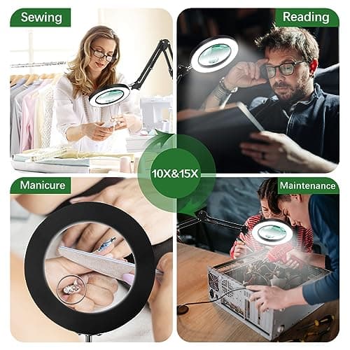 Lampe de Bureau Loupe 10X 15X et LED, Lampe Loupe sur Pied avec 3 Modes de Couleurs et 10 Niveaux de Gradation, Lampe Eclairante avec Bras Pivotant Réglable pour Lire et Travailler